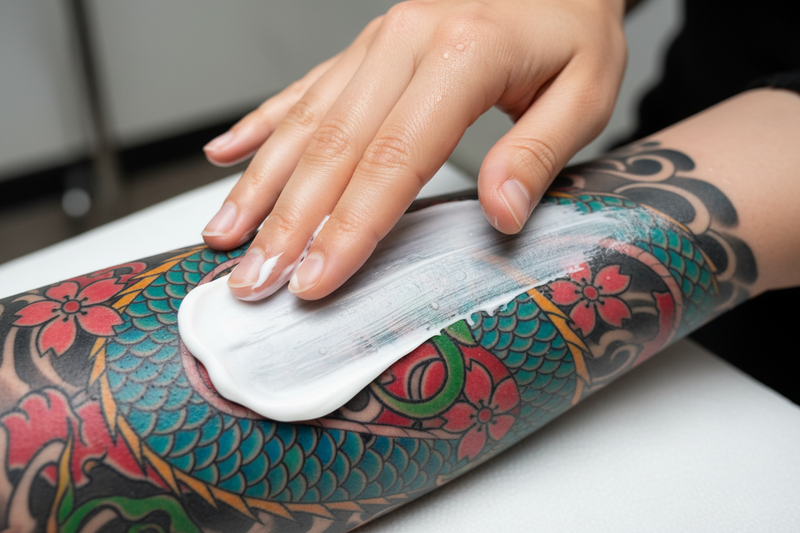 Apply the cream to the tattooed arm.
