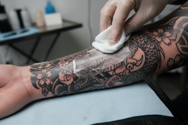 The cream is being wiped off the tattooed arm