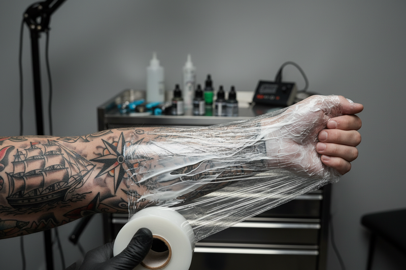 Wrap the tattooed arm with cream in clear plastic wrap.